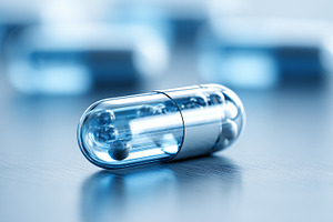 Close up of transparent blue capsule, a Health & Medical Photo by MistyDay