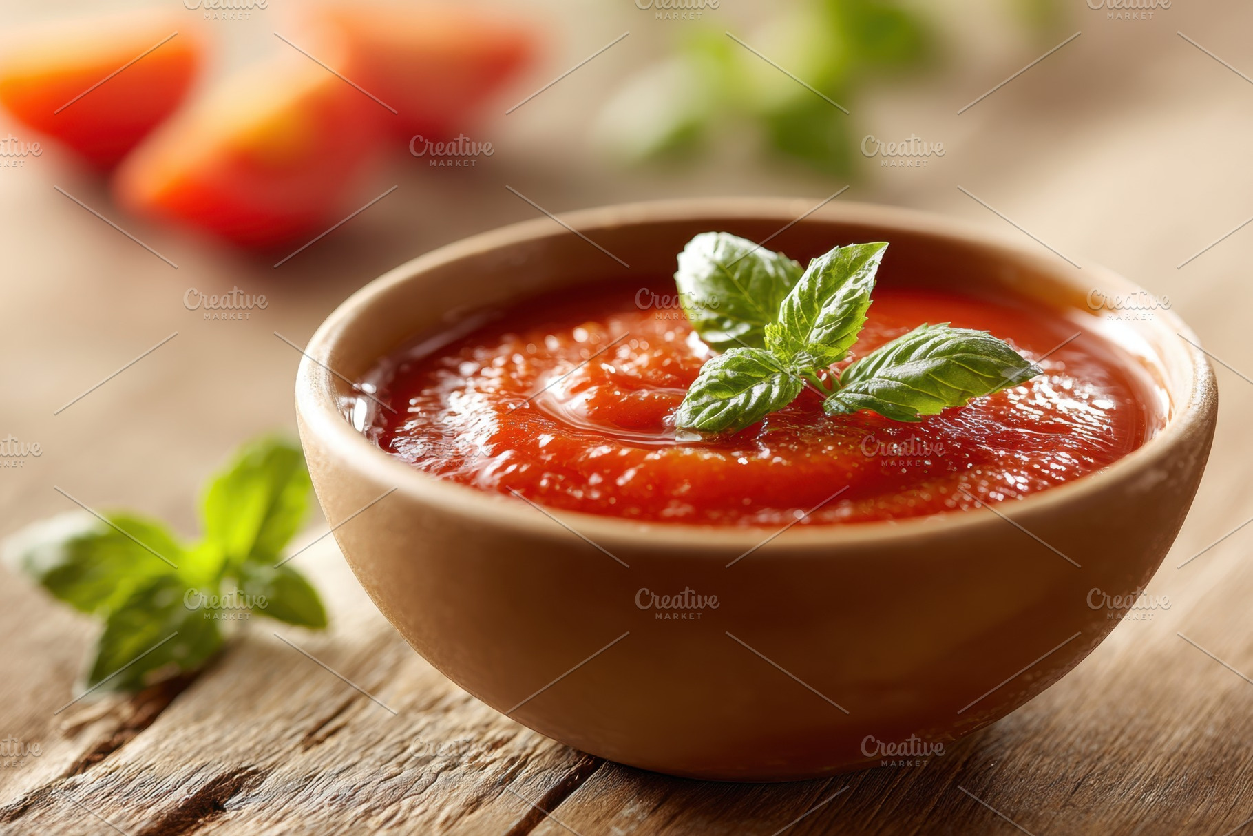 Bowl of fresh tomato sauce with basil, a Food & Drink Photo by AlyaAnd