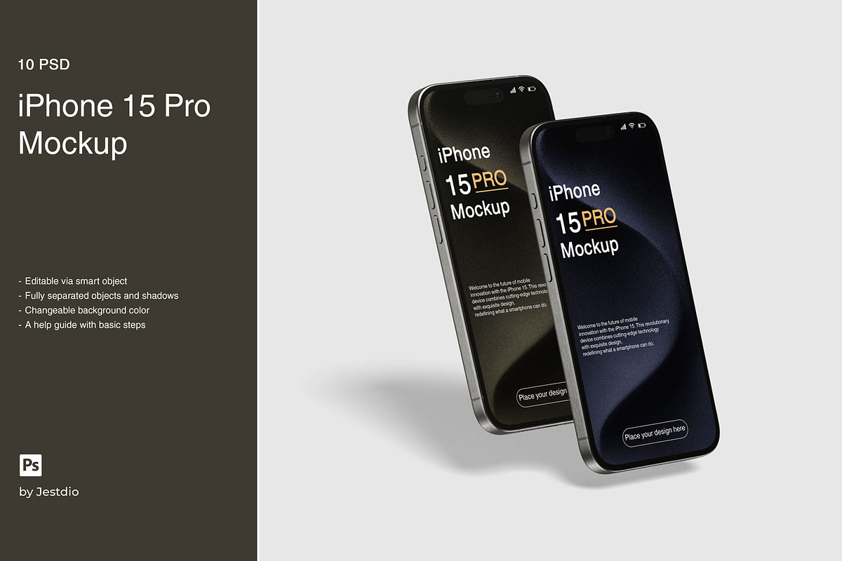 iPhone 15 Pro Mockup, an iPhone Mockup by Jestdio (Photo 1 of 14)
