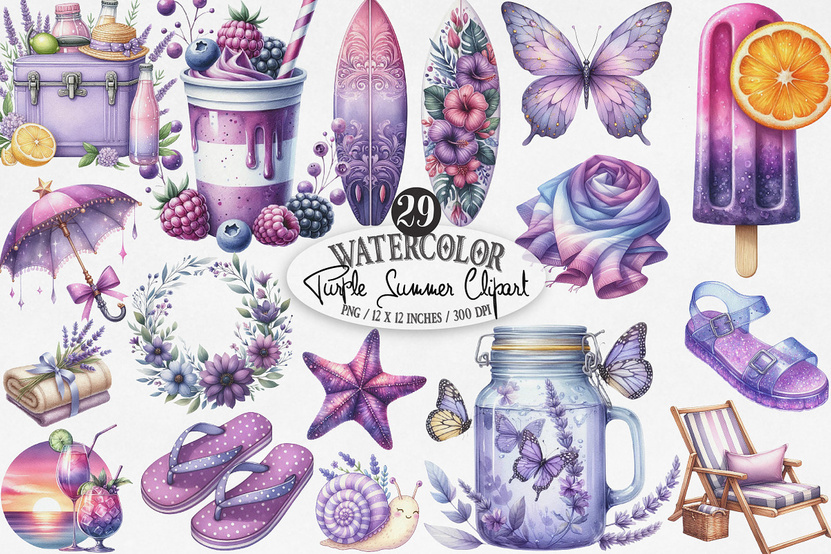 Watercolor Purple Summer Clipart, an Illustration by Designking (Photo 1 of 4)