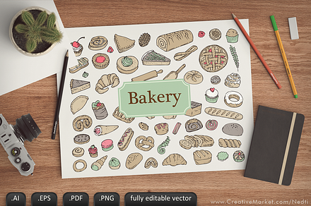 Bakery Pastry Doodle Icon Vector