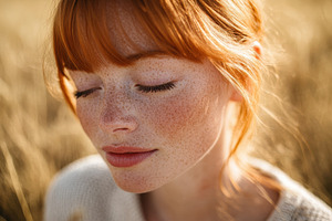 Woman with freckles enjoys warm, a Photo by Pavel_design