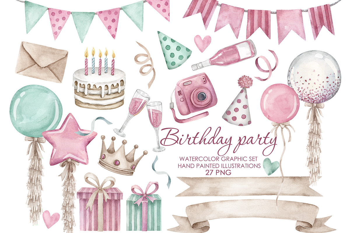 Watercolor Birthday Party Clipart, an Object Graphic by AquarelleSpace (Photo 1 of 4)