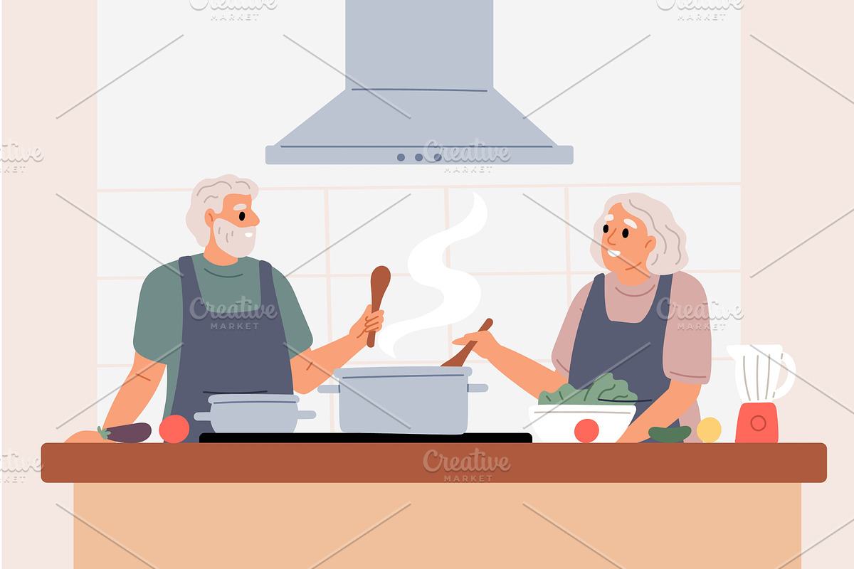 Elderly man and woman preparing food, a Person Illustration by Vectorbuum