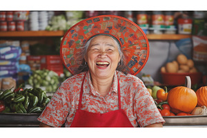 Elderly Asian female vendor wearing, a Person Photo by Sergey Kotenev