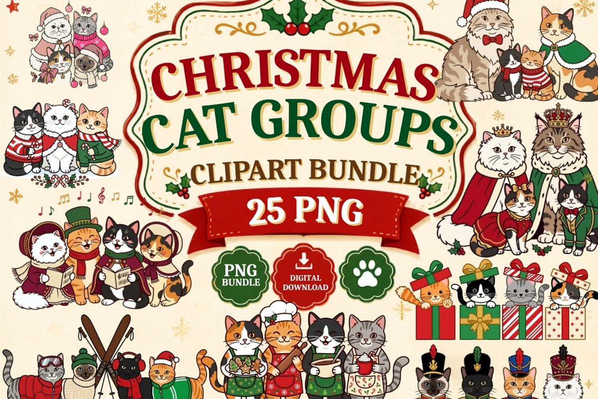 Christmas Cat Groups Clipart Bundle, a Seasonal Illustration by Tanya Kart (Photo 1 of 10)