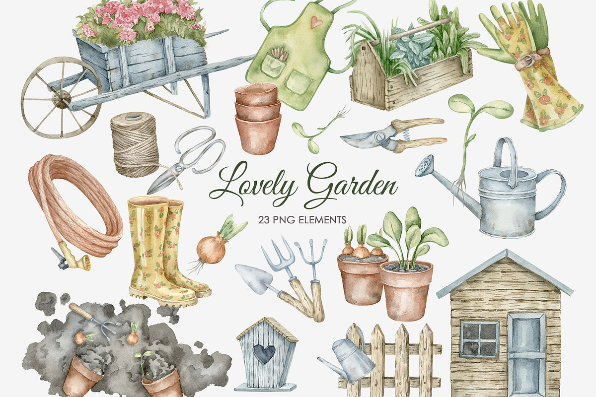 Watercolor gardening clipart, an Illustration by AquarelleSpace (Photo 1 of 4)