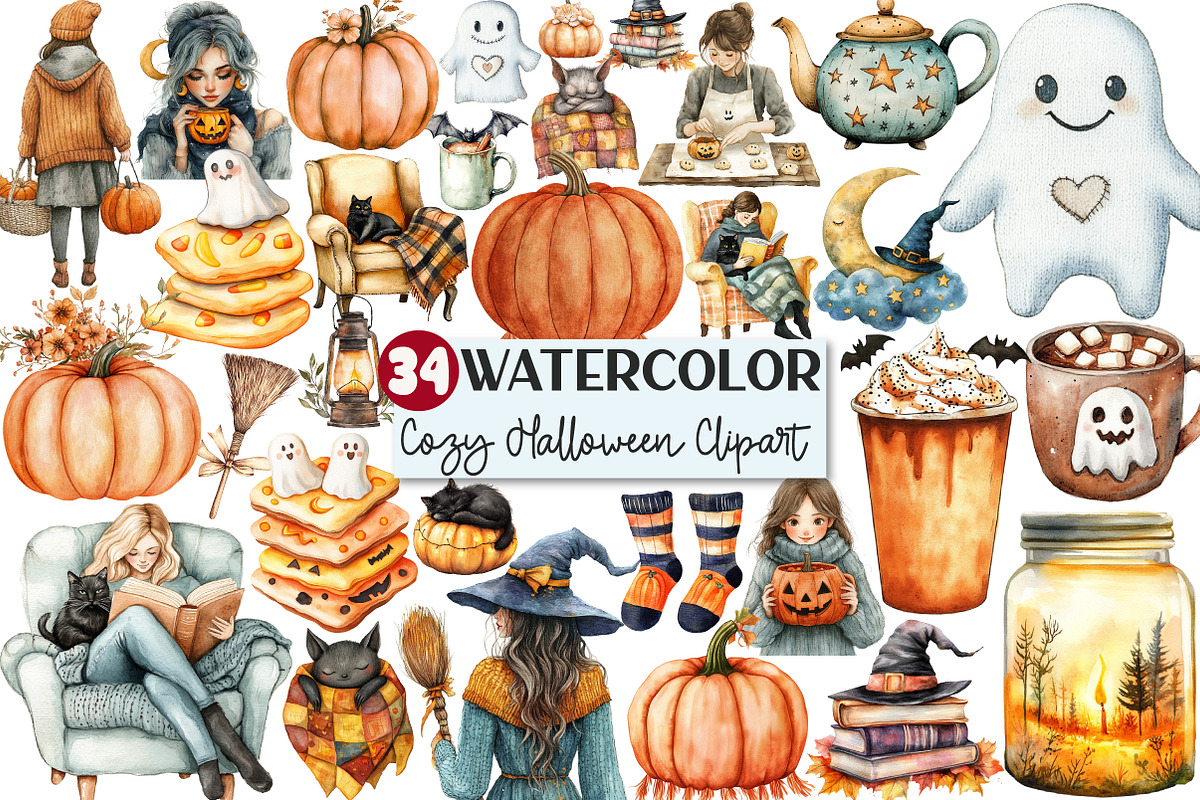 Watercolor Cozy Halloween Clipart, an Illustration by Rose Art (Photo 1 of 7)
