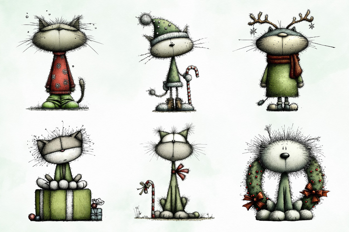 Whimsical Christmas Cats Clipart, an Illustration by Creative Art (Photo 2 of 14)