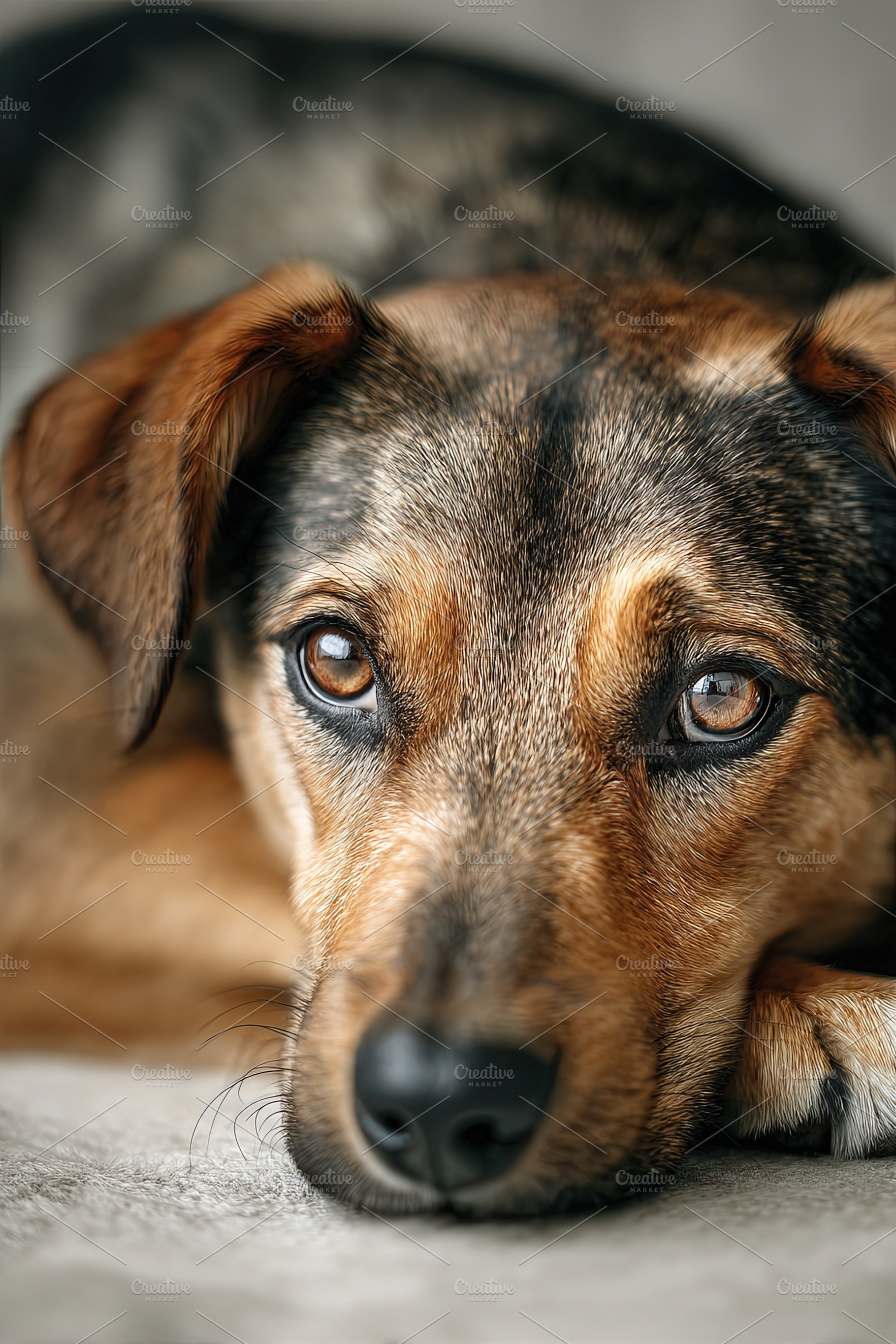 Close-up of a relaxed brown dog lying down indoors, gazing softl, an Animal Photo by Ales Munt
