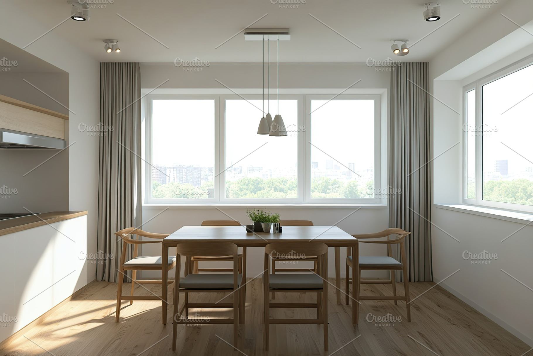 Interior of modern dining room with big window, a Photo by AlyaAnd