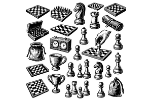 Chess Pieces and Board Icons, an Object Graphic by nikagraphic