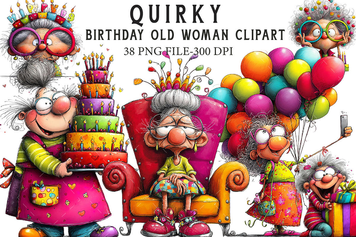 Quirky Birthday old woman clipart, an Illustration by Libby Wishes (Photo 1 of 7)