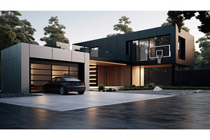 sleek house with basketball hoop ai, an Architecture Photo by pikepicture