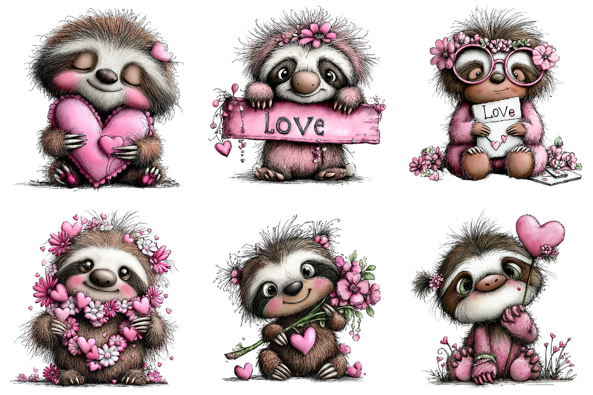 Valentine's Whimsical Sloth Clipart, an Illustration by Dream Creation (Photo 7 of 8)