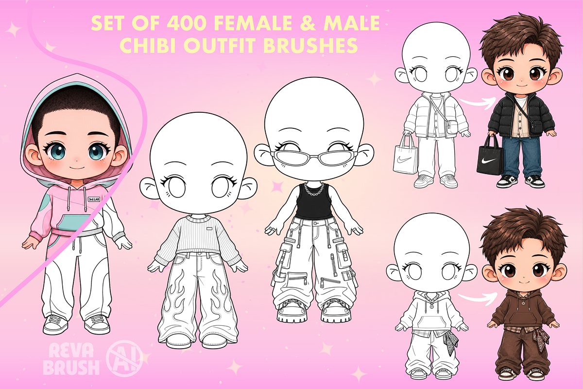 Chibi Procreate Outfit Pose brushes, a Brush Add-On by Revabrush (Photo 12 of 18)