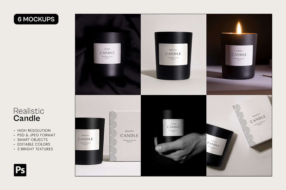 Realistic Candle - 6 Mockups Set, a Packaging Mockup by Studio Lanterne (Photo 1 of 7)