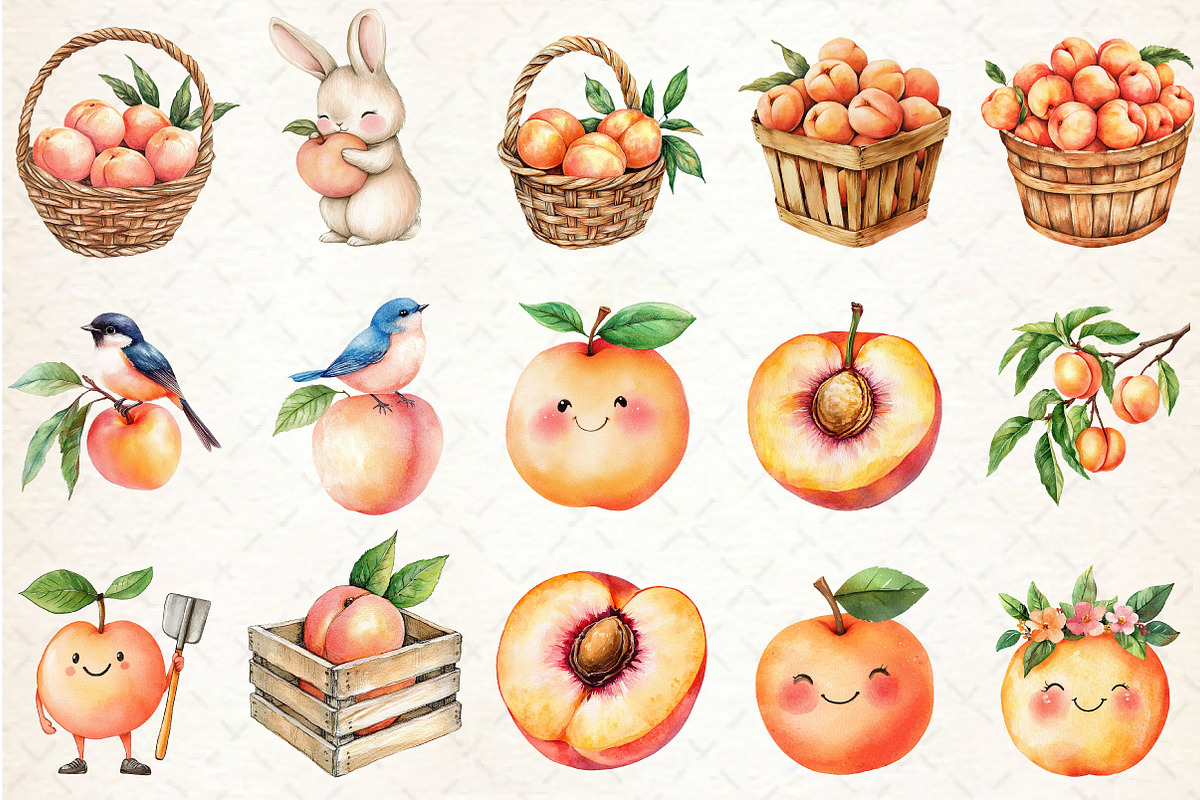 Watercolor Cute Peaches Garden Fruit, an Illustration by Rose Art (Photo 2 of 7)