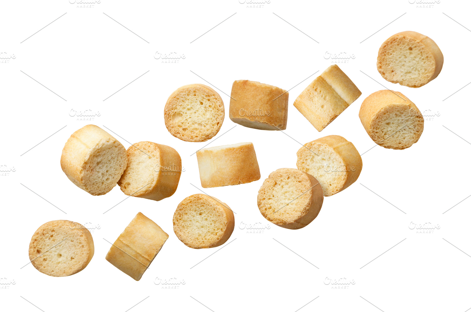 Round croutons fly close up on a, a Food & Drink Photo by innakreativ