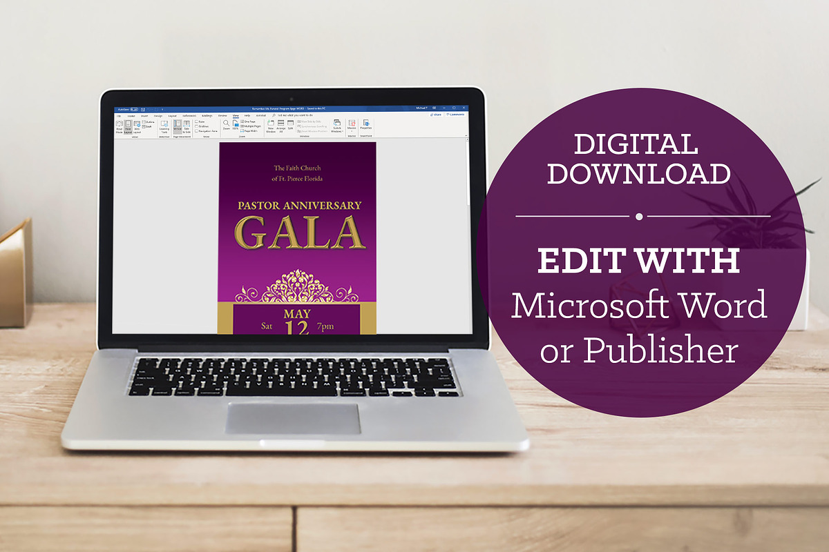 Pastor Anniversary Gala Ticket Word, a Card Template by Four C Graphic, image size:1200x800