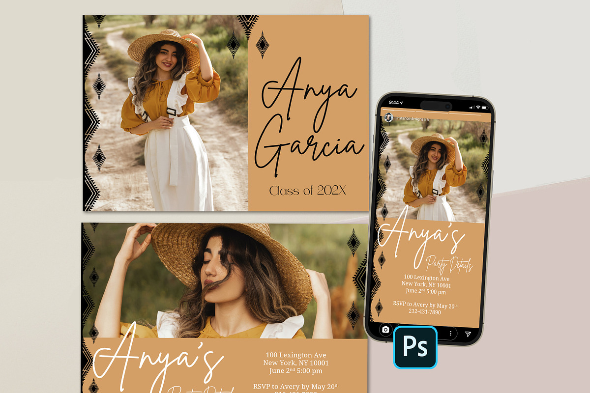 Photoshop Grad Card & Digital Invite, a Card Template by InstaNoirDesigns (Photo 1 of 8)