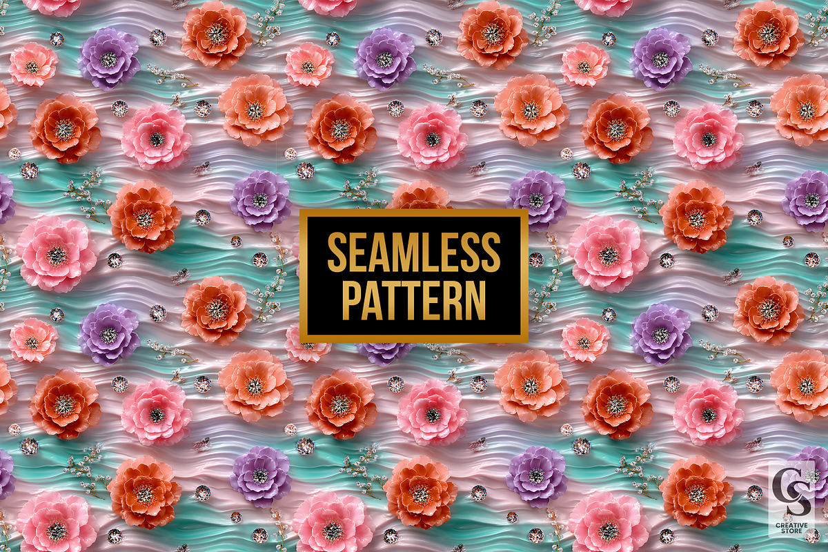 Rhinestones & Camellia Flower Papers, a Pattern Graphic by Creative Store (Photo 2 of 5)