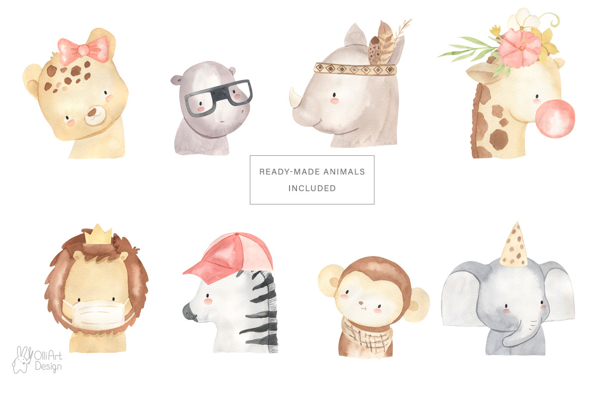 SAFARI ANIMAL FACES. Watercolor, an Animal Illustration by OlliArtDesign (Photo 6 of 9)