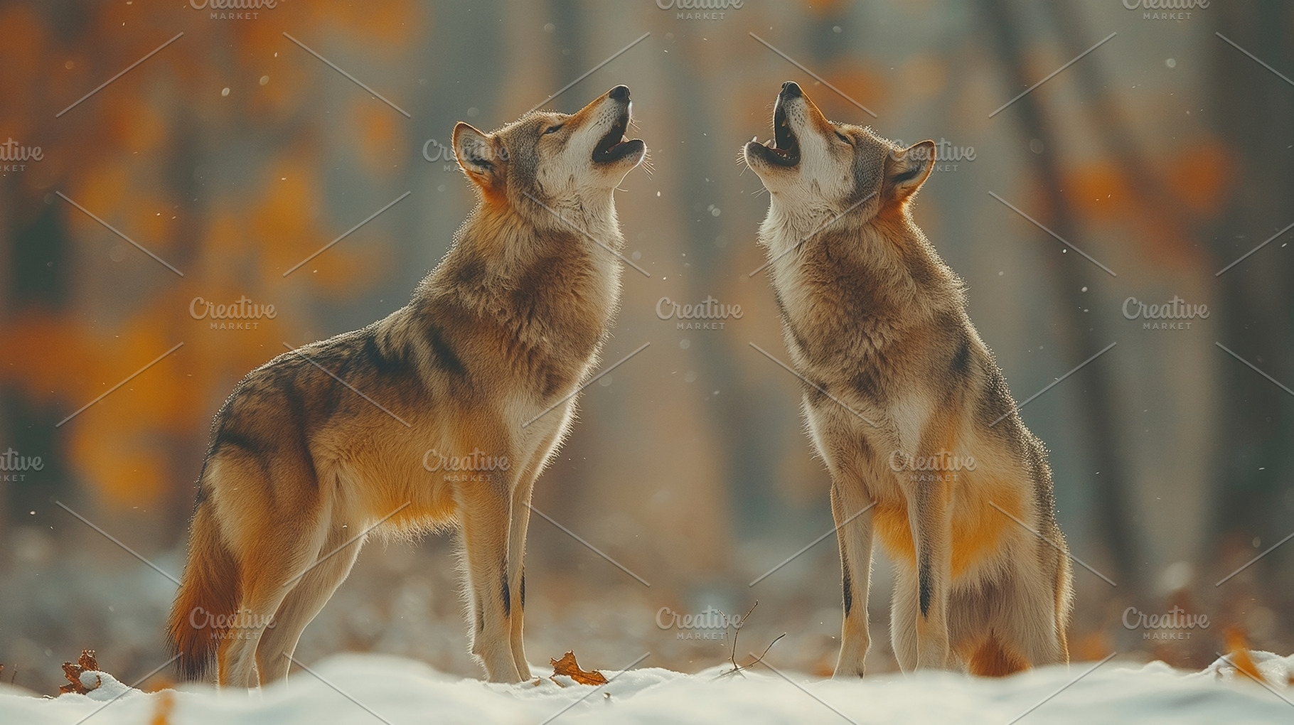 Two wolves howling together in a serene winter landscape, surrounded by soft sn, an Animal Photo by ImageMir
