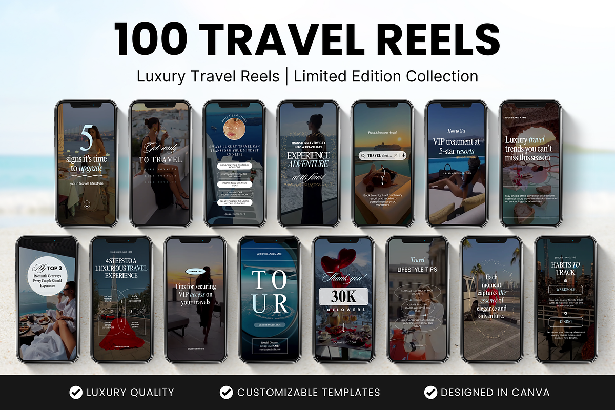 100 Luxury Travel Reels Templates, a Social Media Template by DigiPax (Photo 1 of 10)