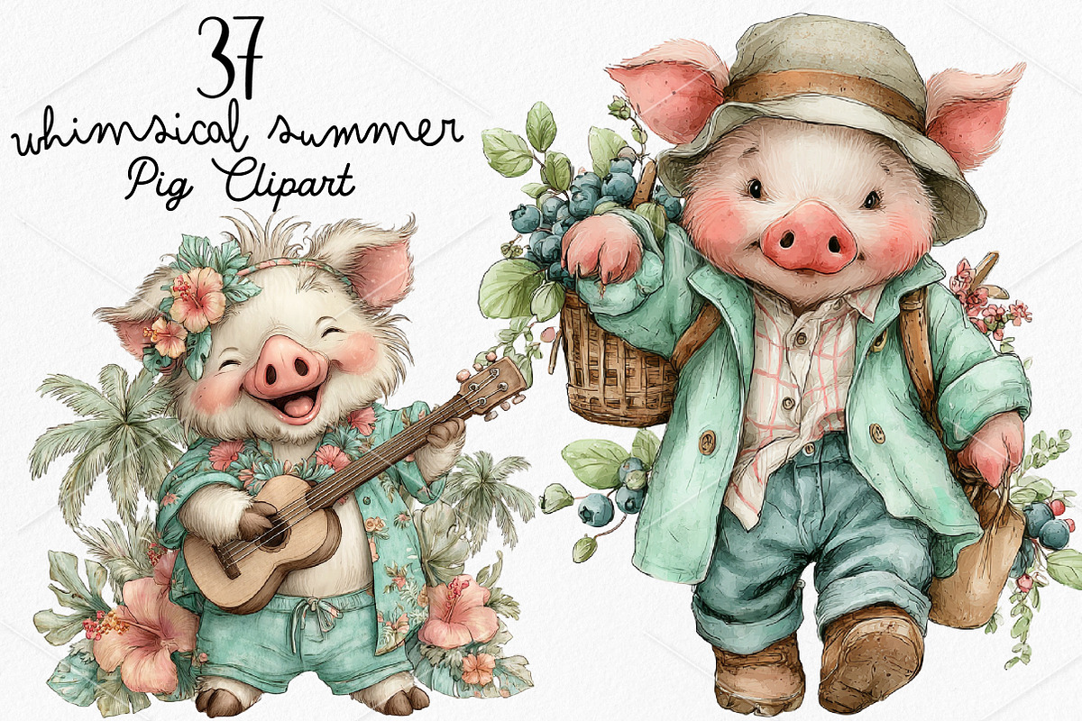 Whimsical Summer Pig Clipart Bundle, a Seasonal Illustration by Canvas Craft (Photo 1 of 7)