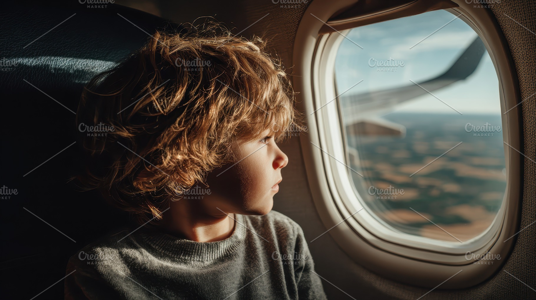 Child looking out airplane window ai, a Photo by Pixeness Studio