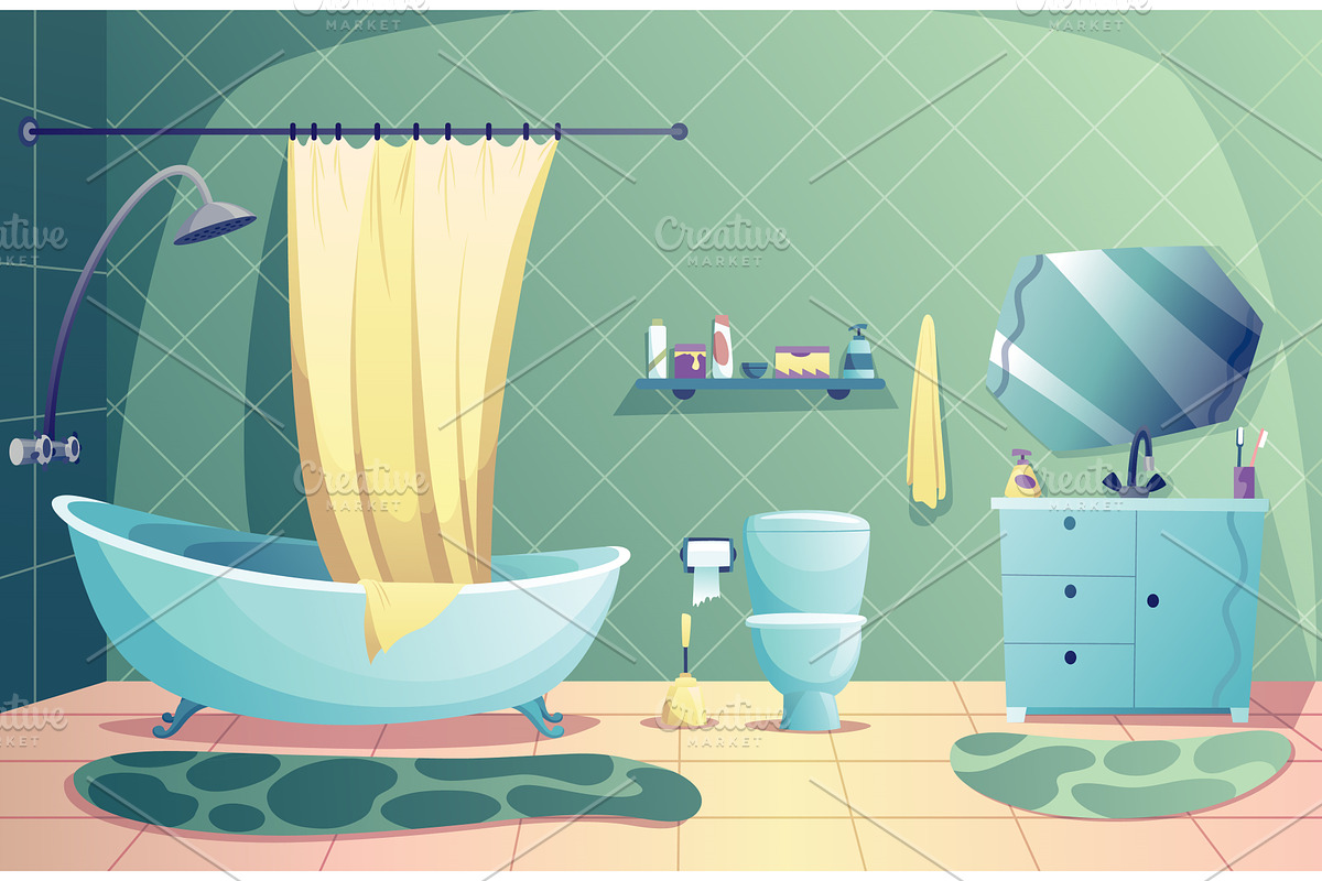Cartoon bathroom interior with tub, an Object Illustration by the8monkey
