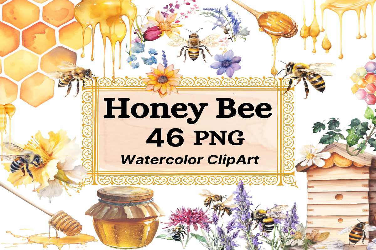 Honey Bee Watercolor Clipart, a Decorative Illustration by Watercolor Digital (Photo 1 of 7)
