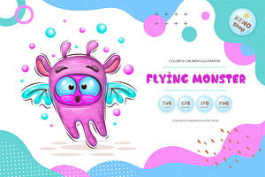 Cute cartoon flying monster. Tshirt., an Animal Illustration by KENO Mascots
