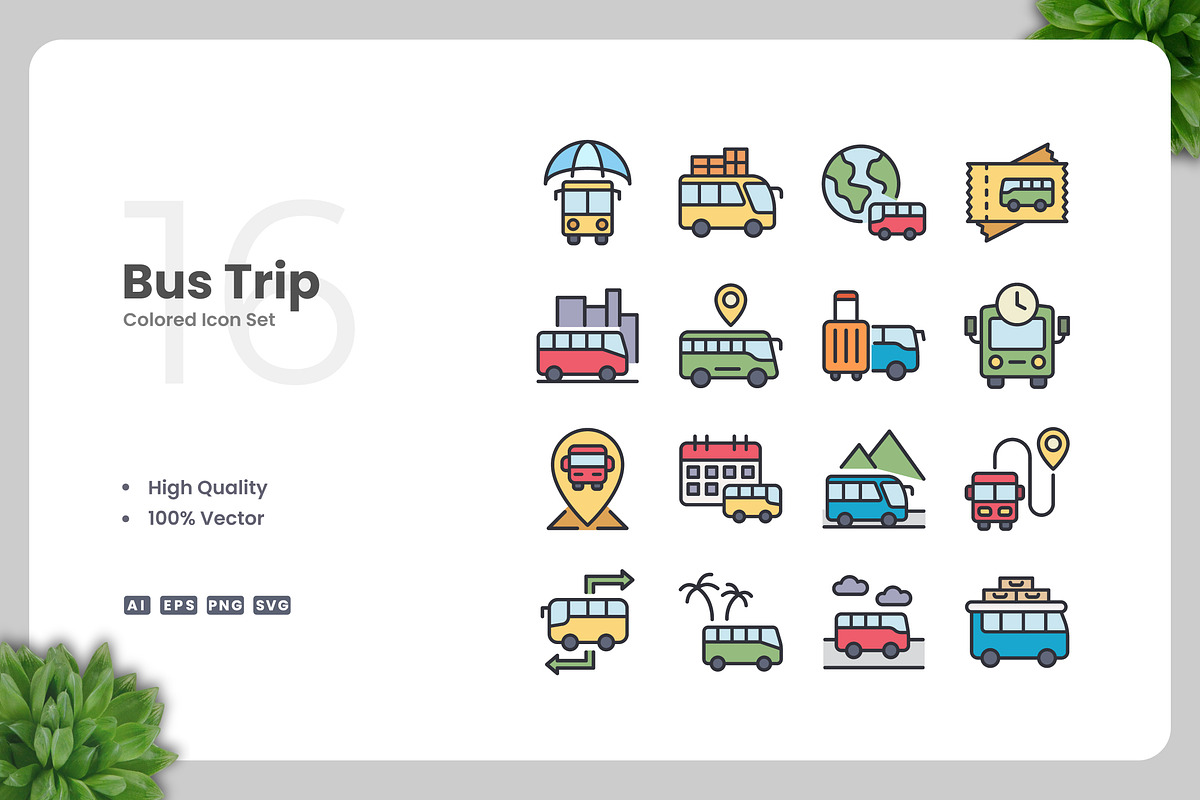 Bus Trip Colored Icons, an Icon by Upnowgraphic (Photo 1 of 2)