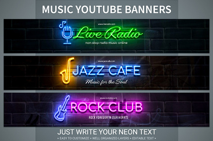 Neon music banner templates set