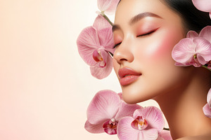 A side profile of a young Asian woman with sleek black hair adorned with orchid, a Person Photo by Mashimara