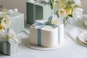 White square celebration cake with blue ribbon bow surrounded by, a Photo by Studio ANNA