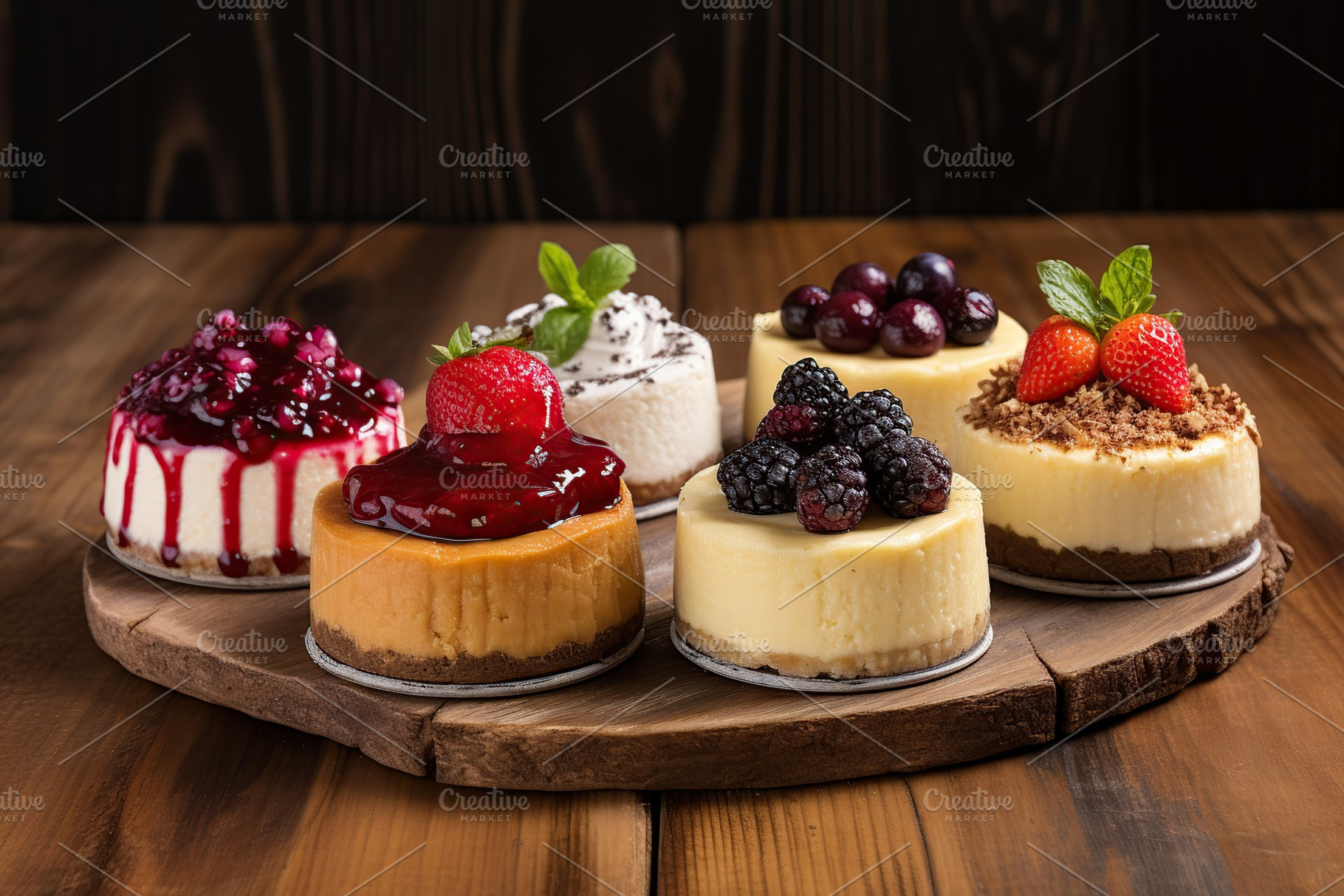 Different pieces of cheesecake with fresh berries on wooden table, a Food & Drink Photo by AlyaAnd