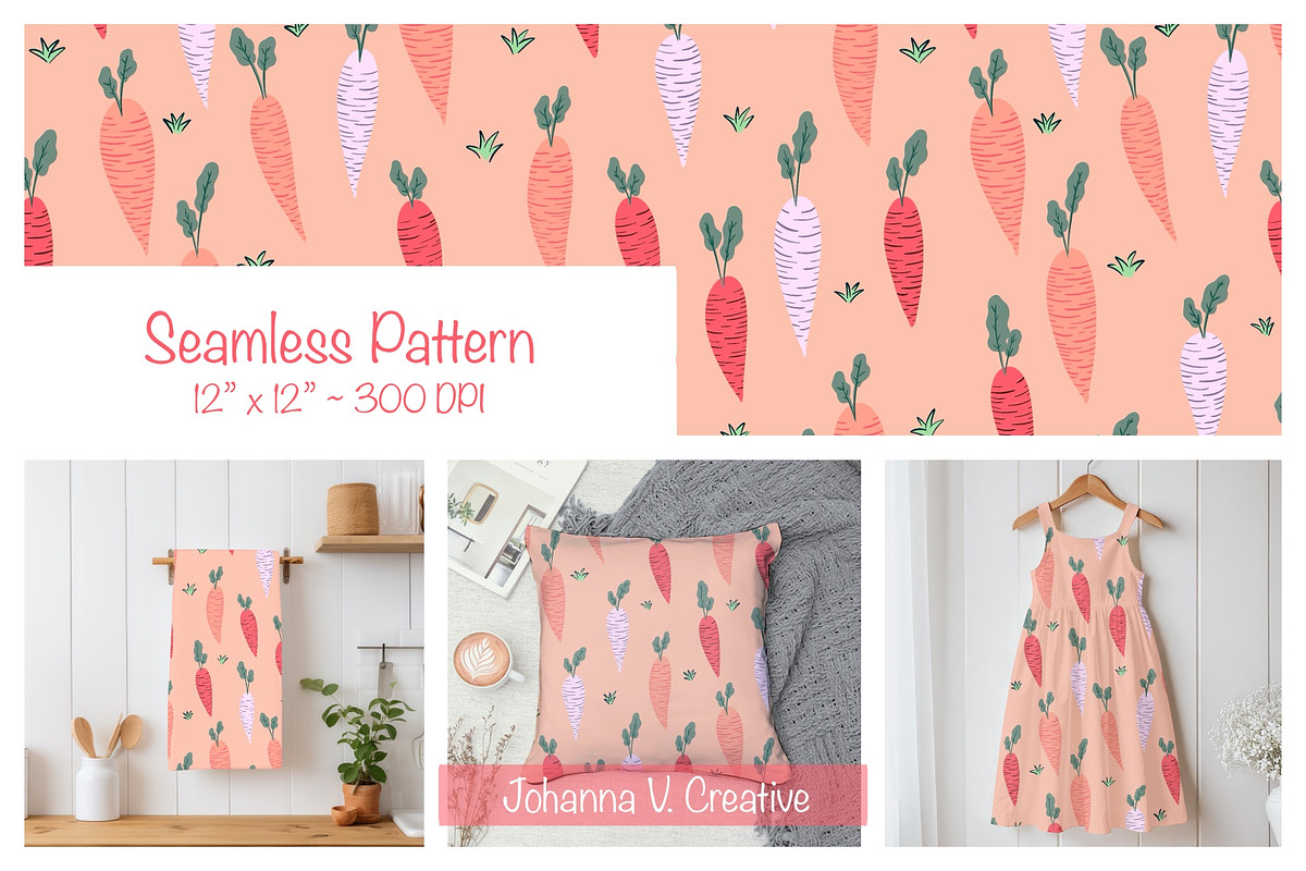 Spring Carrot Seamless Pattern, an Illustration by Johanna V. Creative (Photo 1 of 3)