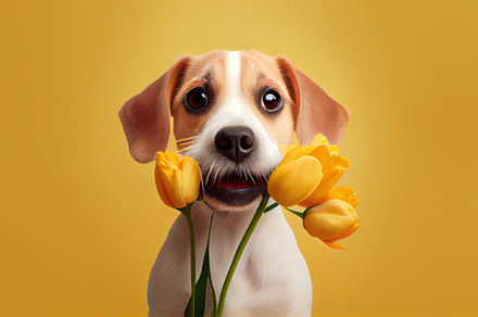 A dog with tulips over yellow background, postcard for Valentine, an Animal Photo by Ales Munt