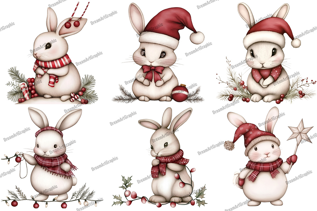 Whimsical Christmas Rabbit Clipart, an Illustration by DreamArtGraphic (Photo 2 of 5)