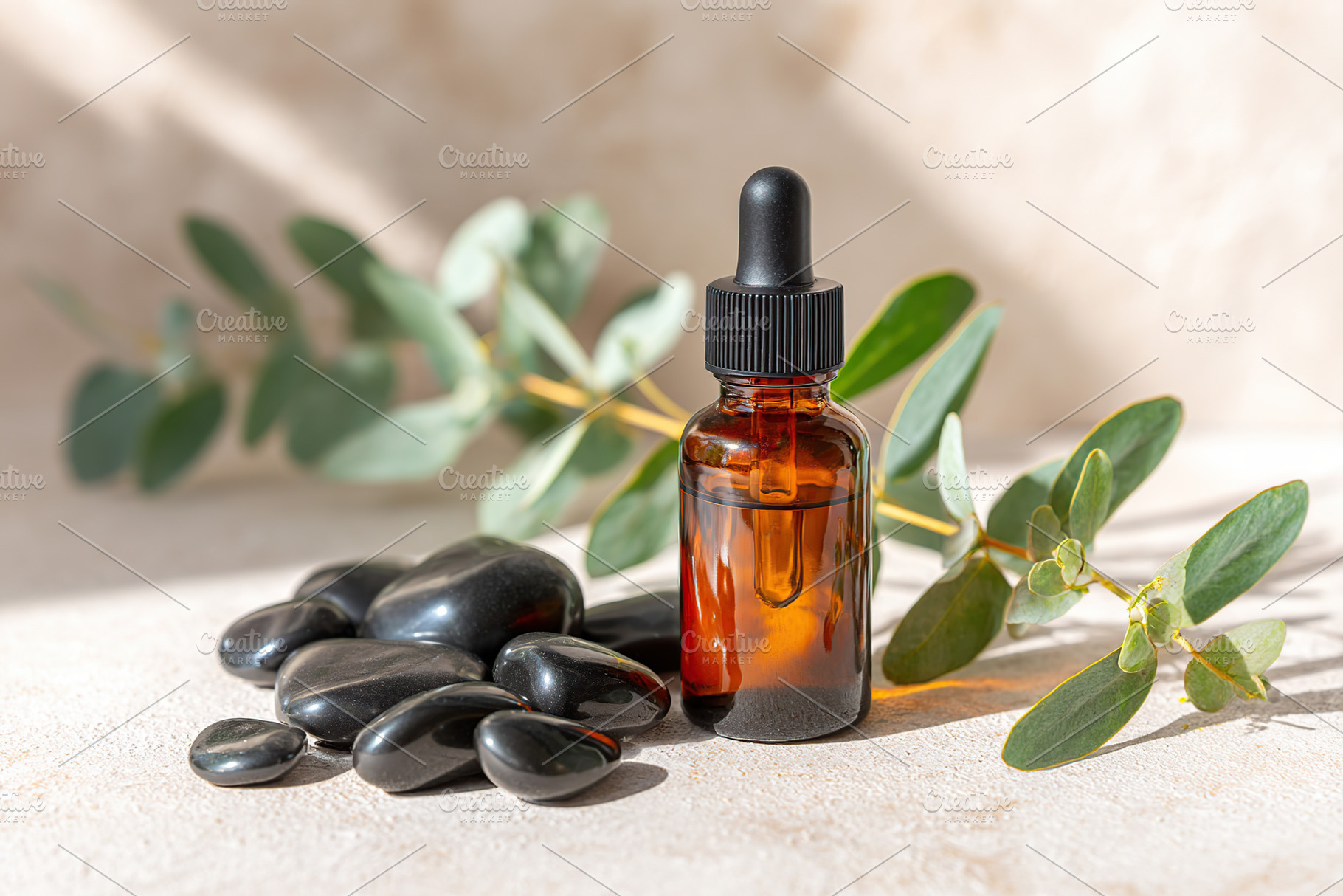 Essential oil dropper with black stones and eucalyptus leaves on a light surfac, a Photo by AlyaAnd