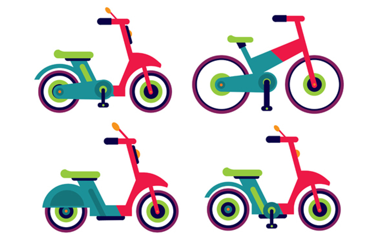 Motorcycle scooter and bycicle set, an Illustration by Andres Moncayo
