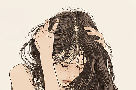 Young woman sitting on floor with thoughtful and delicate expression, an Illustration by AS photostudio