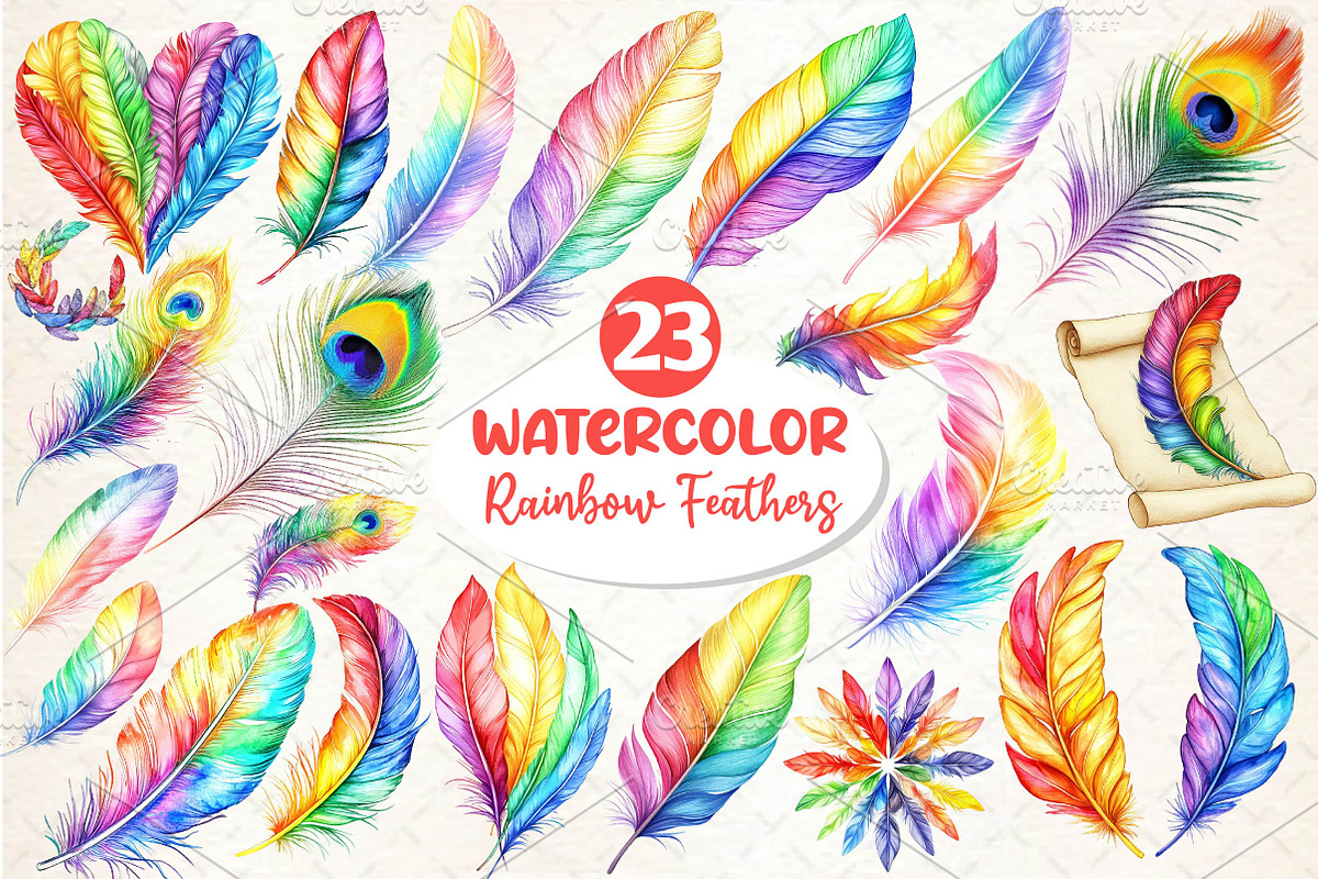 Rainbow Watercolor Feathers Clipart, an Illustration by Dream Creation (Photo 1 of 3)