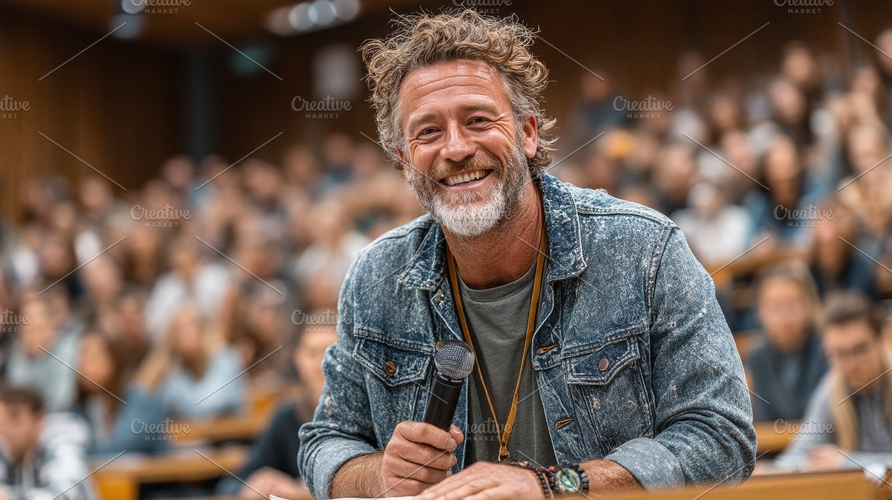 Smiling male lecturer engaging with students during an interactive classroom se, a Photo by AS photostudio