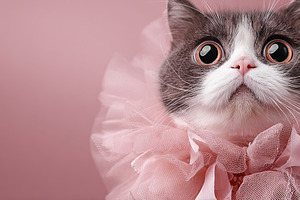 Adorable gray and white cat with big eyes wearing pink tulle ruf, an Abstract Photo by Ales Munt