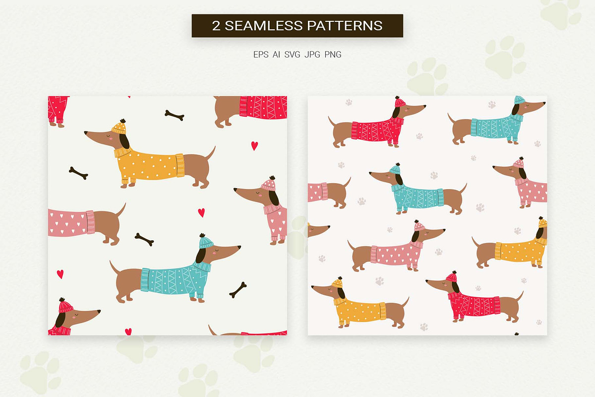 Funny Dachshunds Clipart & Patterns, an Animal Illustration by Irina Ostapenko (Photo 2 of 5)