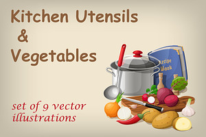 Kitchen utensils and vegetables